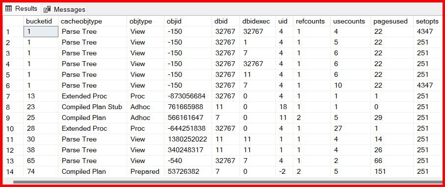 Picture showing the list of plans in the syscacheobjects table